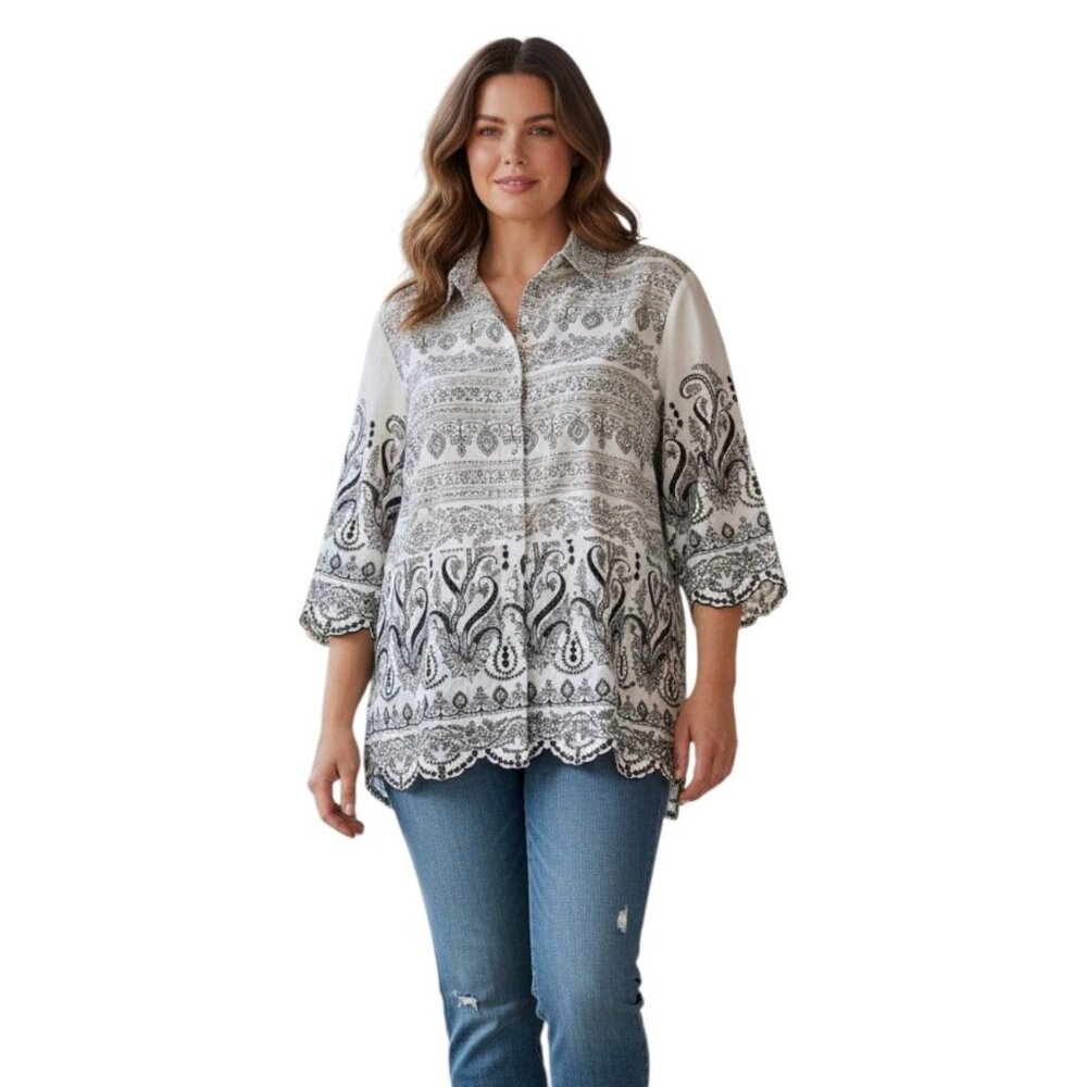 Chico’s Petite Eyelet Paisley Button Down Blouse Black Size 2P Large NWT